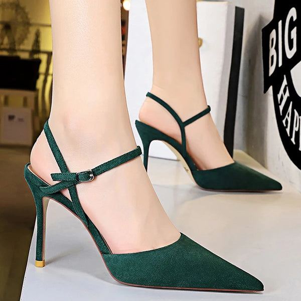 Suede Women Sandals Pointed Toe High Heels  Summer Hollow Out High-heeled