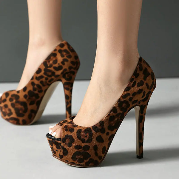 Spring Fall High Heel Shoes Platform Thin High Heel Ladies Pumps PU Leather Leopard Peep Toe Sexy Women Shoes