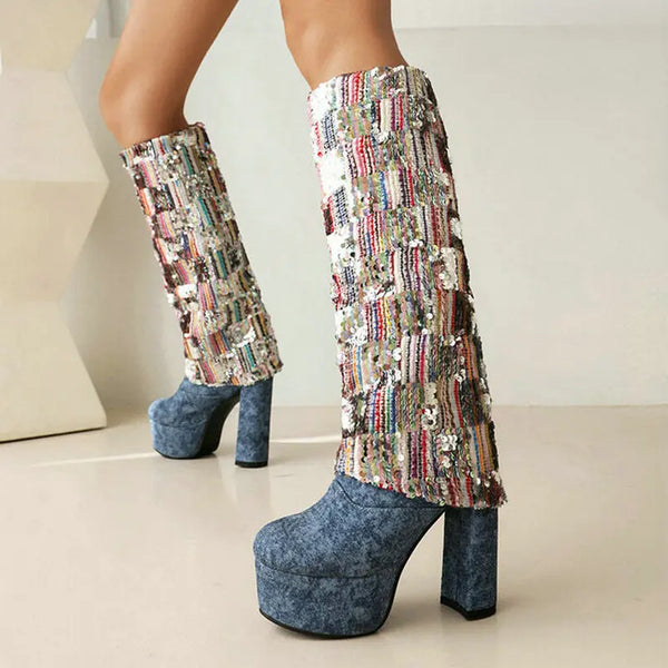 Women Knee High Boots Platform Square High Heel Ladies Calf Boots
