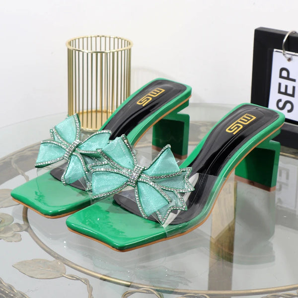 Zapatos de tacón de otoño para mujer, elegantes zapatillas de moda con lazo de gasa y tacón cuadrado.