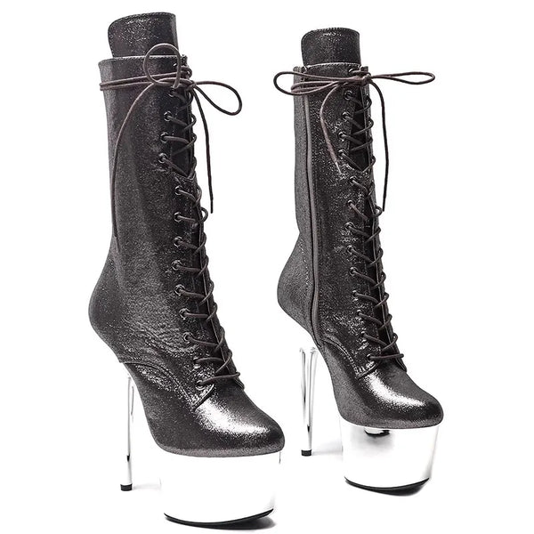 Botas modernas de tacón alto con plataforma para fiesta, de PU, de 17 cm/7 pulgadas, para mujer