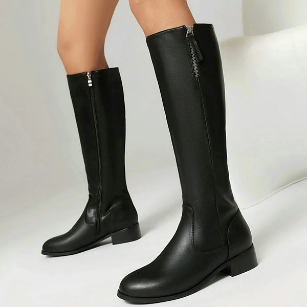 Round Toe Square Heel Winter Women Knee High Boots