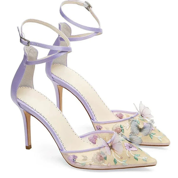 New pointed comfortable mesh chiffon butterfly embroidery flower temperament wedding shoes