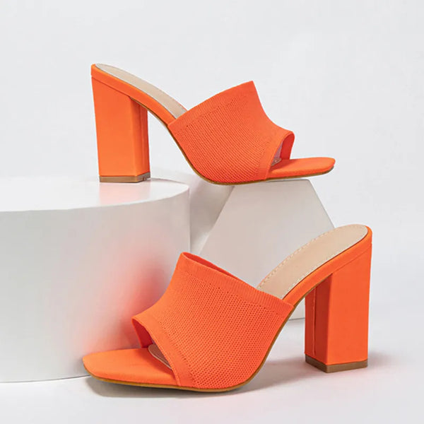 Orange Knitted Stretch Fabric Women's Thick Heels Slippers Summer