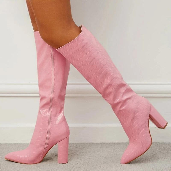 Autumn Winter High Heel Women Knee High Serpentine Boots Designer Chunky Shoes