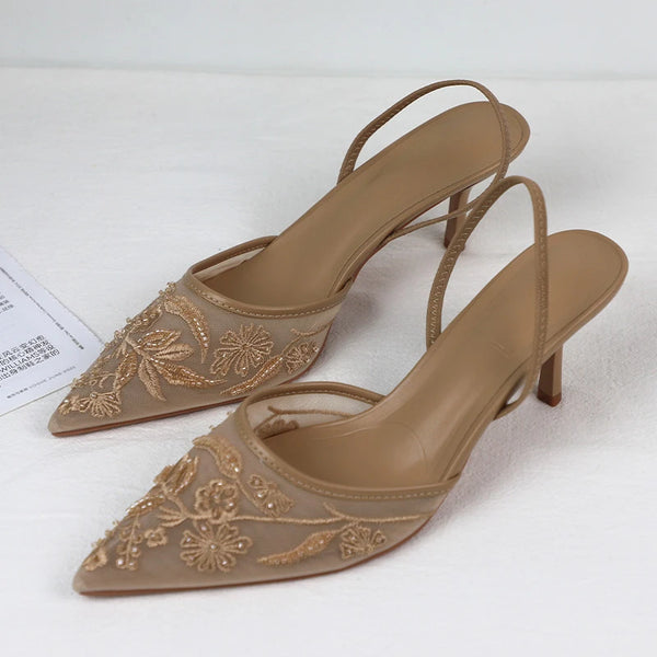Mesh Embroider Elegant Pointed Ladies Slingback Evening Party Wedding Bridal Dress Shoes