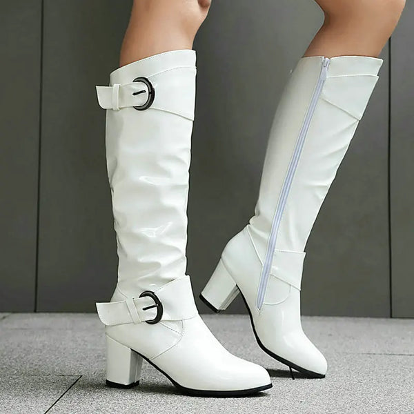 Knee High Boots Square Toe Round Toe Ladies Calf Boots PU Leather Buckle Zipper Fashion Dress Women Boots Big Size