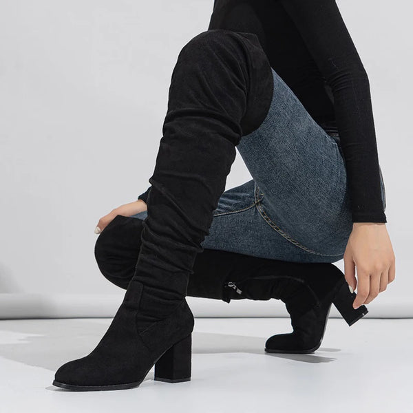 New Winter Zipper Women Over-the-Knee Boots Fashion Flock Square Heel Shoes