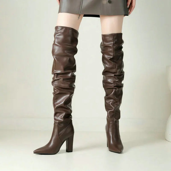 Women Over the Knee Boots Square High Heel Pointed Toe Ladies Long Boots