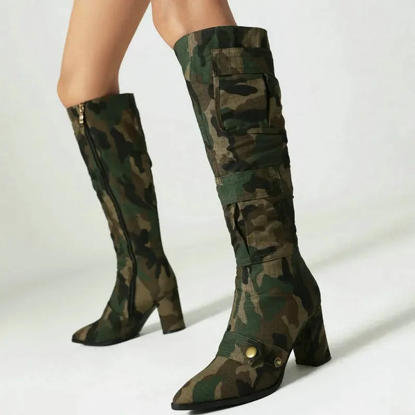 Women Knee High Boots Pointed Toe Square High Heel Ladies Calf Boots