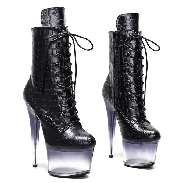 Botas modernas de tacón alto con plataforma para mujer, parte superior de PU negra, 17 cm/7 pulgadas, para fiesta