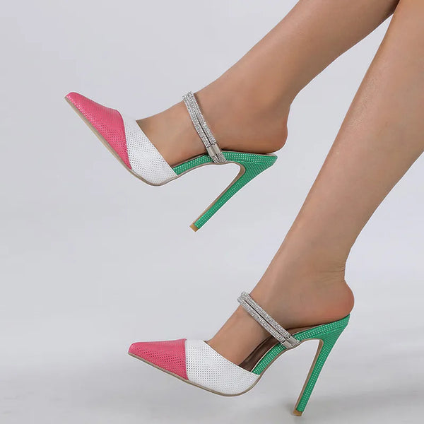 Zapatillas de tacón alto con punta puntiaguda y diamantes de imitación para mujer