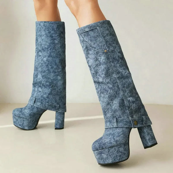 Platform Square High Heel Ladies Calf Boots Denim Round Toe Slip on Dress Women's Boots Plus Size