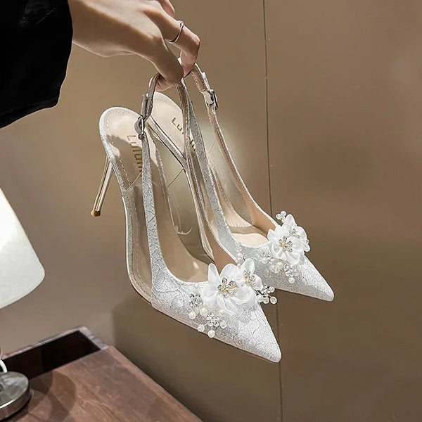 Wedding shoes white thin heel pointed shallow mouth flower sandals