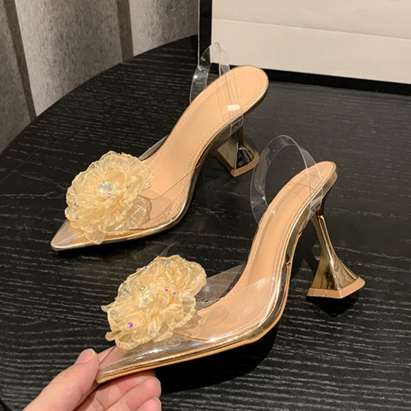 Sandalias de diseño con flores de cristal de moda para mujer, tacones altos transparentes de PVC