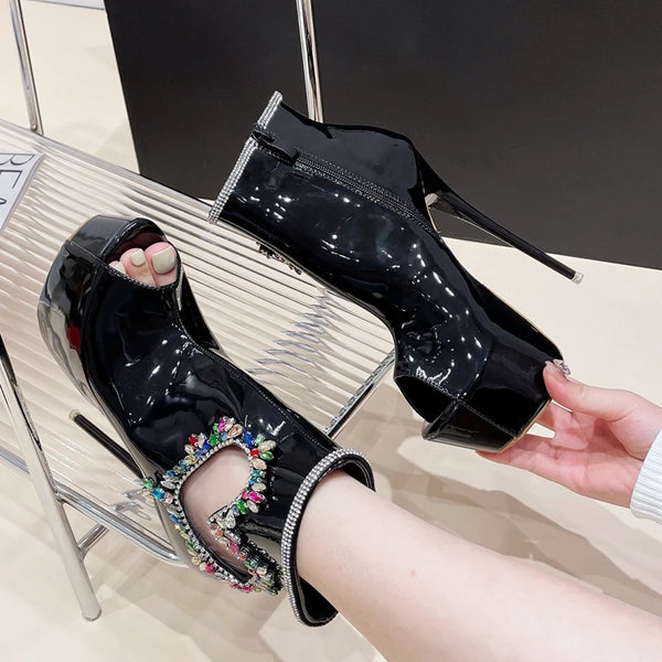 Sexy Crystal Peep Toe Women Boots Sandals Platform Zipper Pumps