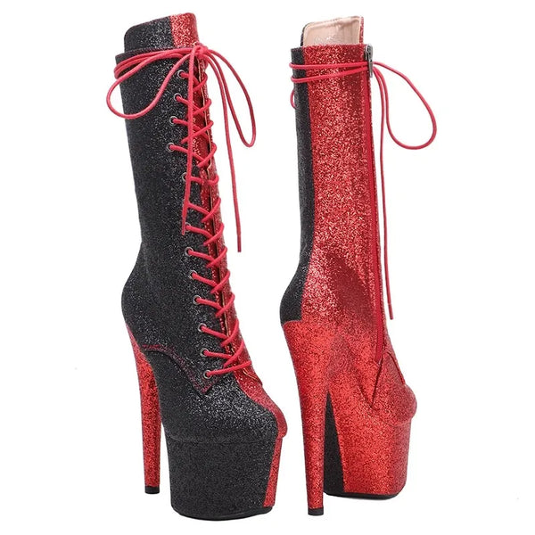 Botas modernas de tacón alto para fiesta, con plataforma, color rojo y negro, de 17 cm/7 pulgadas, para mujer