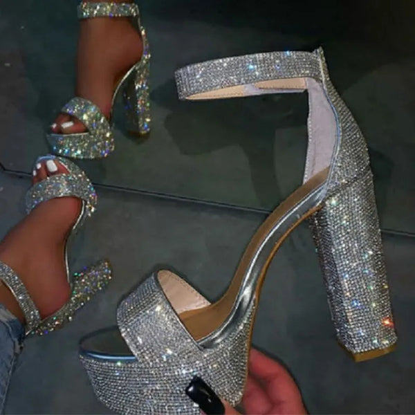 Fashion Silver Rhinestone Platform Sandals Summer Open Toe Ankle Strap Square High Heels