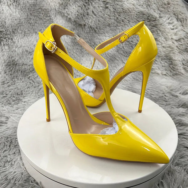 Zapatos de tacón de aguja sexis, brillantes y con tira trasera, con punta puntiaguda y poco profundos