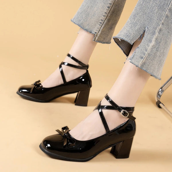 Black Mary Jane Women Pumps Thick High Heels