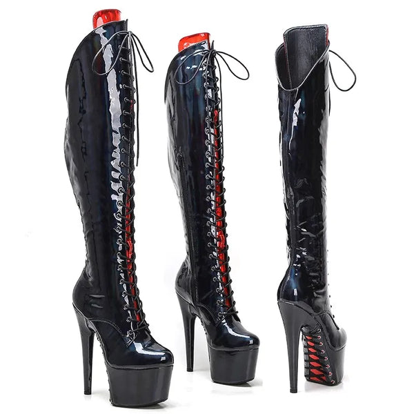 Botas altas de fiesta con plataforma de 17 cm/7 pulgadas y parte superior de PU para mujer