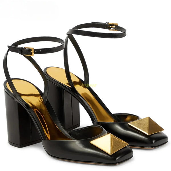 Button Pumps Sexy Square Toe Thick Heel Slingback Buckle Strap  Modern Shoes
