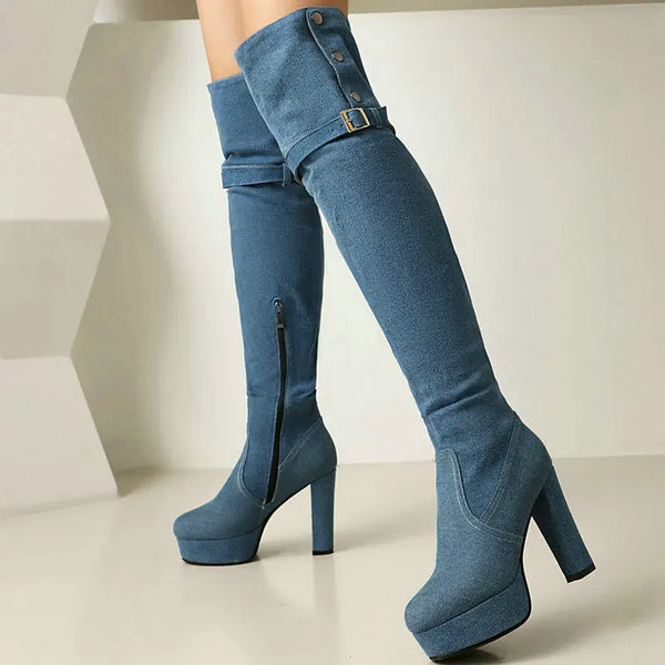New Women Over the Knee Boots Platform Square High Heel Ladies Calf Boots