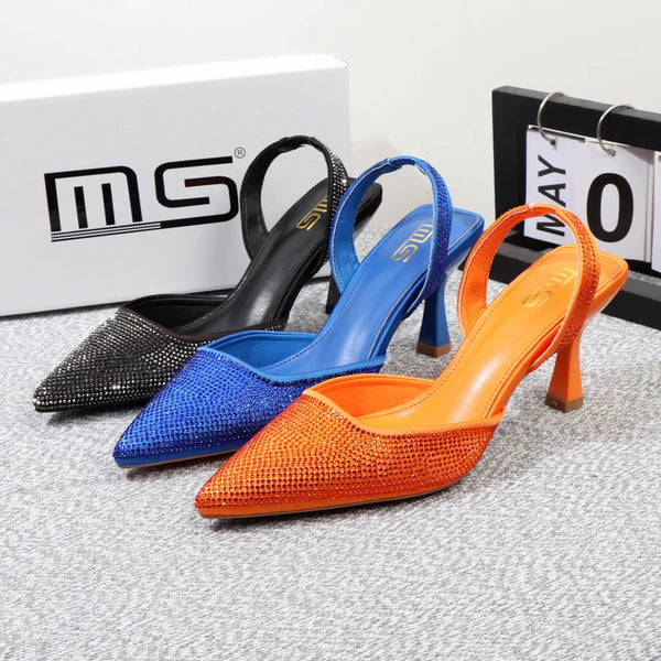 Sandalias de verano con diamantes de imitación puntiagudos, sandalias de moda, tacones de aguja, 8 cm.