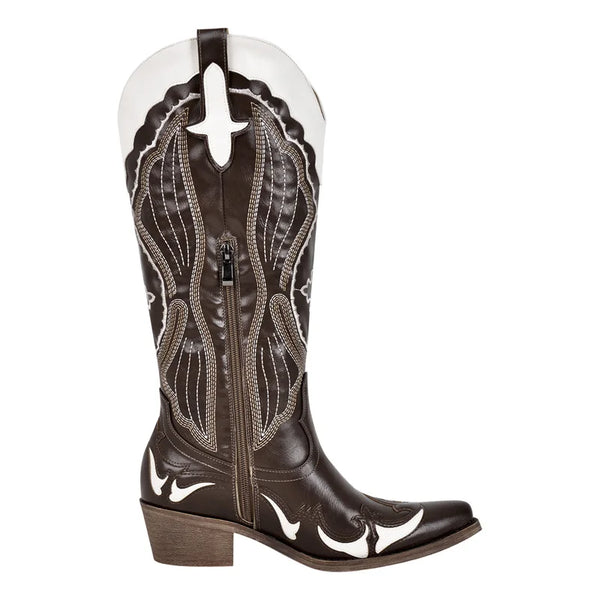 Botas vaqueras blancas bordadas con punta puntiaguda y tacón de bloque para mujer