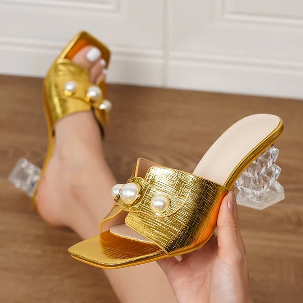 New Design Pearl Transparent CRYSTAL High Heels Square Toe Women Slippers
