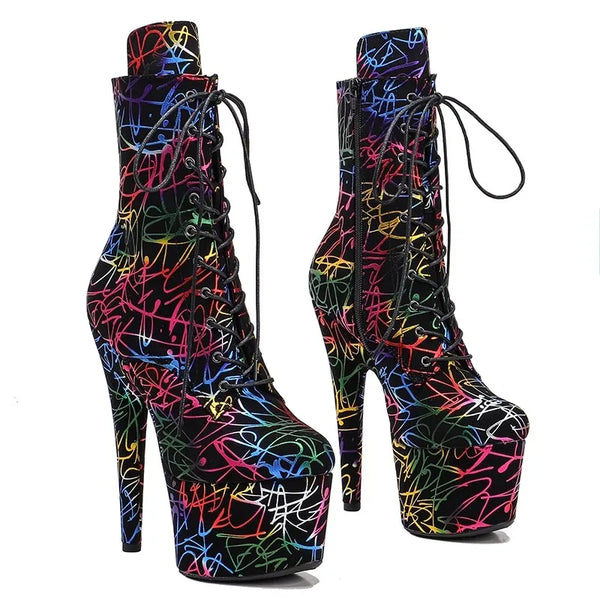 Botas modernas de tacón alto con plataforma para mujer, de 17 cm/7 pulgadas, con parte superior de PU y colores variados para fiesta