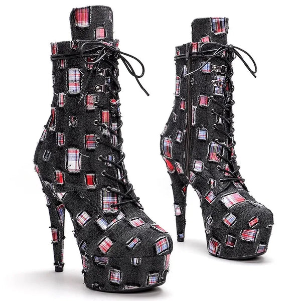 Closed Toe Denim PU Upper 15CM/6Inch Women's Platform Party High Heels Boots