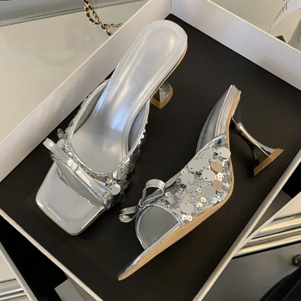 Zapatillas de mujer con punta cuadrada y lentejuelas, zapatos de vestir sexis con nudo de mariposa y tacones altos elegantes