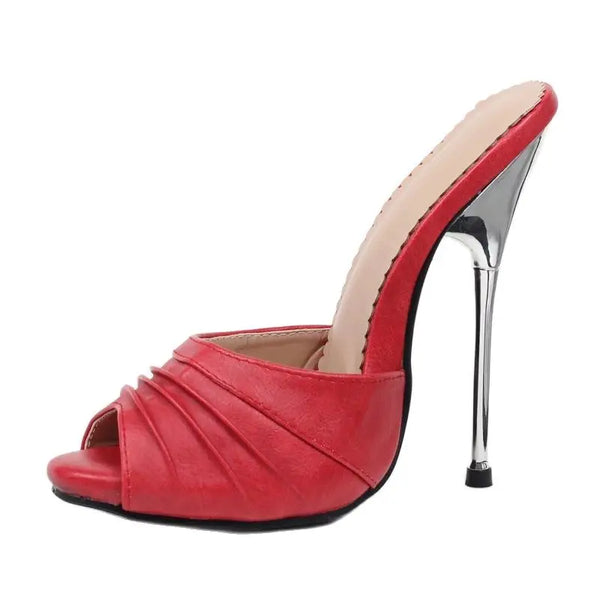 Women High Heel slippers Metal Thin Heels Pleated Peep-toe Female Sexy  Pumps Shoes