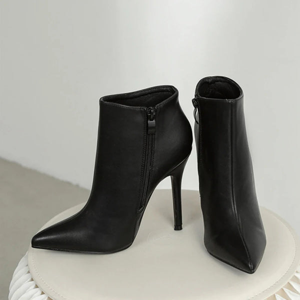 New  Black Ankle Boots For Women High Quality PU Leather Pointed Toe Stiletto Heels