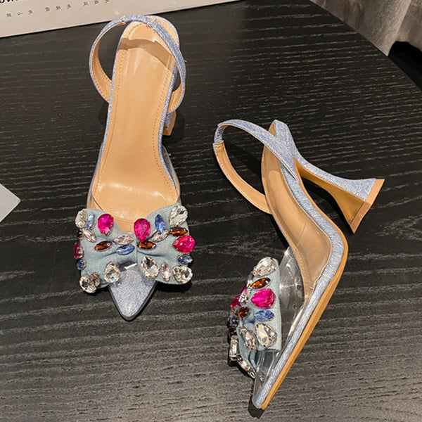 Fashion Denim Bowknot Crystal Pumps Sexy Pointed Toe High Heel Women Sandals