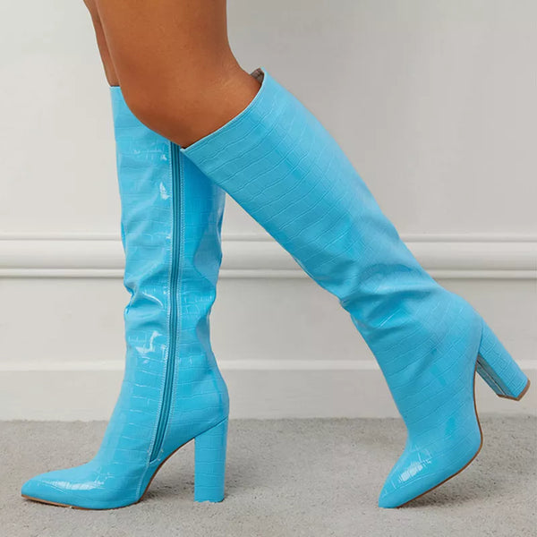 Autumn Winter Chunky Heels Black Blue Knee High Boots