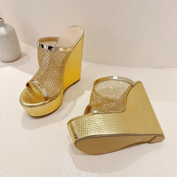 Street Style Gold Silver Fashion Open Toe Platform Wedges Women Slippers