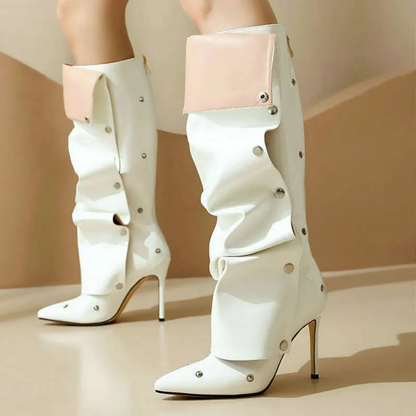 Women Knee High Boots Pointed Toe Thin High Heel Ladies Calf Boots