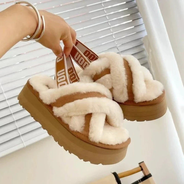 Pantuflas de felpa para mujer, informales, planas y peludas para interiores