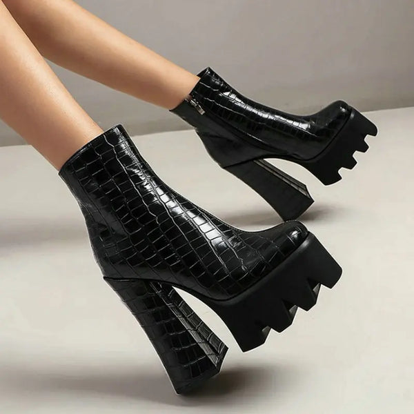 Fashion Platform Super Square High Heel 15cm Women Ankle Boots PU Leather Zipper Women