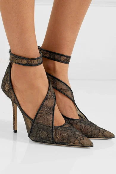Black Lace Strap High Heels Fashion Women's Shoes Pointed Toe Stiletto