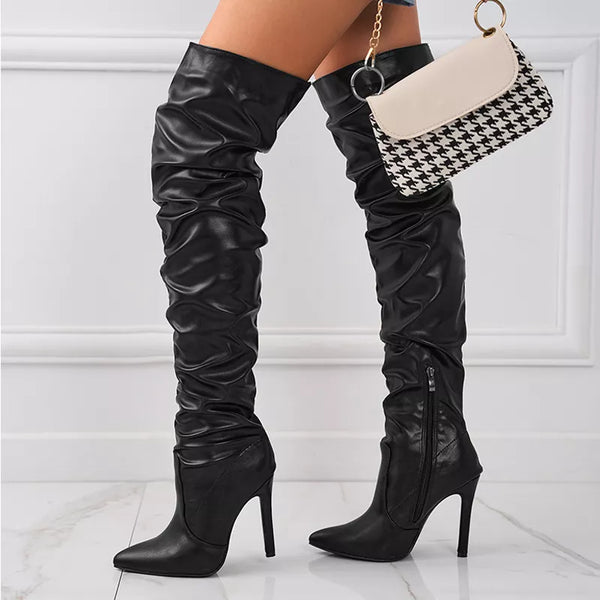Fashion Design Pleated Leather Over The Knee Winter Thigh High Boots Women