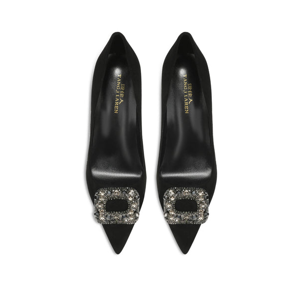 new model suede rhinestone square buckle temperament not tiring toe pointed single shoes