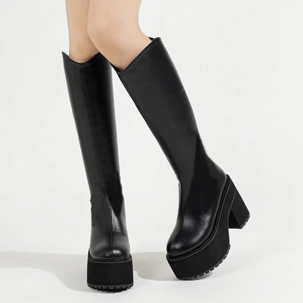 Plus 34-42 Zipper Cowboy Boots Women Round Toe Knee-High Boots High Heels
