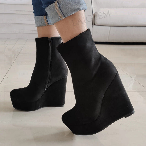 Faux Suede Platform Wedges Side Zip Short Booties Ladies Height Increase Shoes