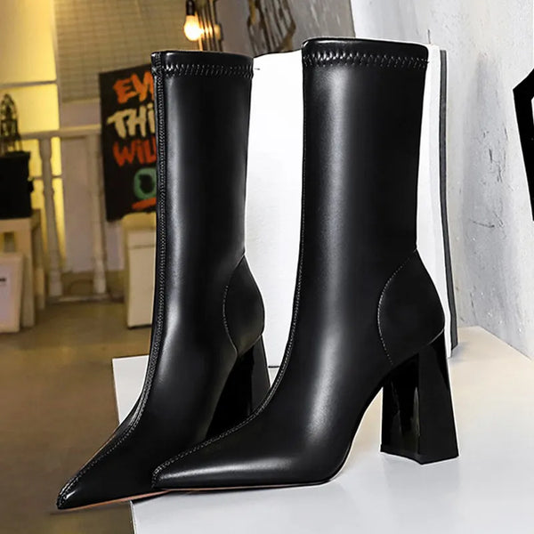 Botas de media pantorrilla con tacón grueso y bloque para mujer, botas puntiagudas de tacón alto, botas de piel sintética para mujer