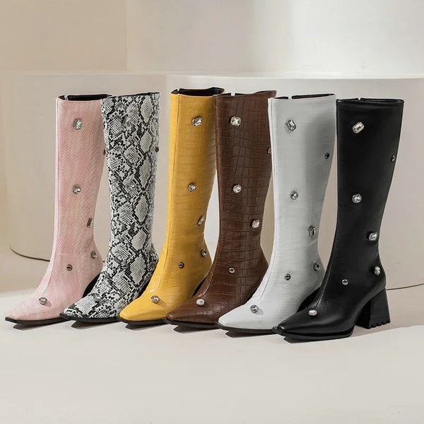 Women Knee High Boots Comfortable Square High Heel Ladies Calf Boots