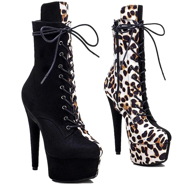 Suede With Leopard Print Upper 15CM/6Inch Women's Platform Party High Heels Boots