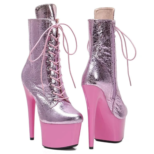 Botas modernas de tacón alto con plataforma para mujer, parte superior de PU, 17 cm/7 pulgadas, para fiesta
